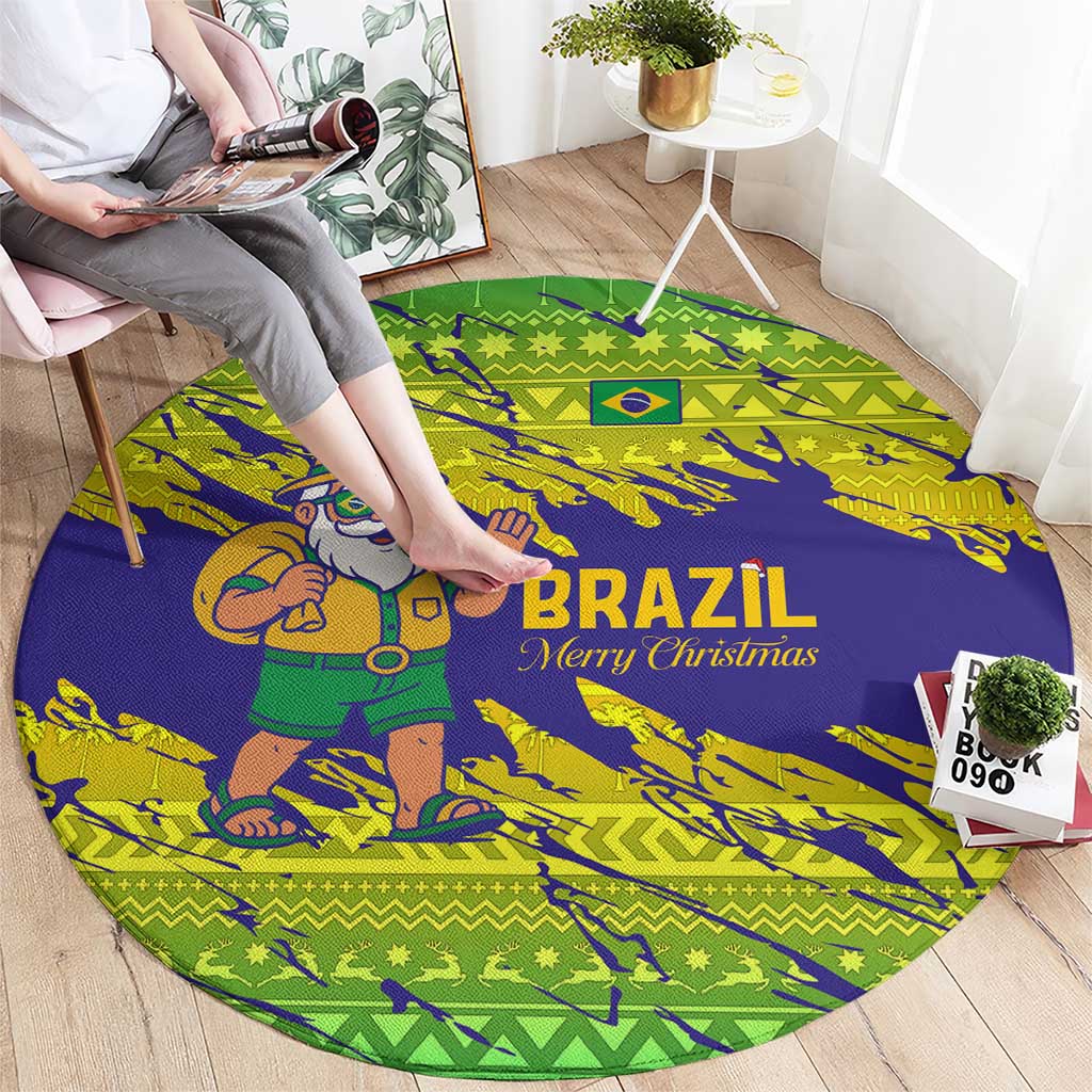 Brazil Christmas Round Carpet with Tropical Santa Tribal Pattern National Colors and Merry Christmas Text Design - Wonder Print Shop