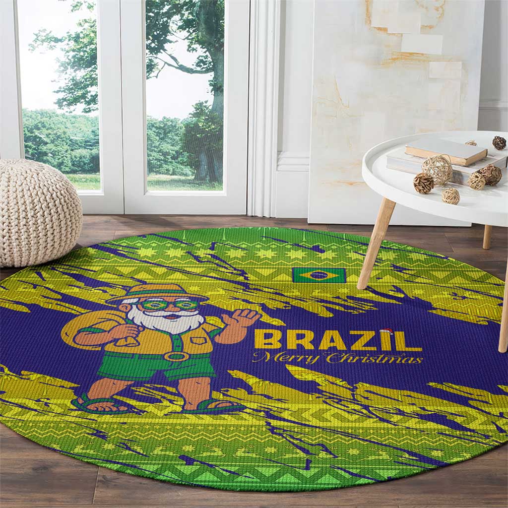Brazil Christmas Round Carpet with Tropical Santa Tribal Pattern National Colors and Merry Christmas Text Design - Wonder Print Shop