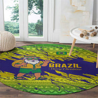 Brazil Christmas Round Carpet with Tropical Santa Tribal Pattern National Colors and Merry Christmas Text Design - Wonder Print Shop