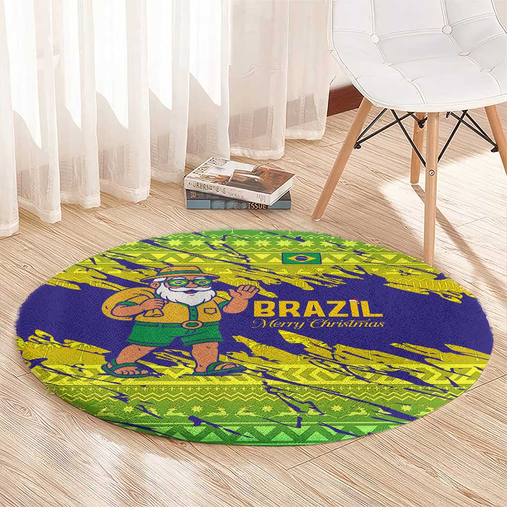 Brazil Christmas Round Carpet with Tropical Santa Tribal Pattern National Colors and Merry Christmas Text Design - Wonder Print Shop