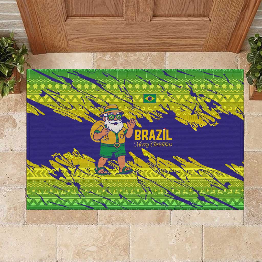 Brazil Christmas Rubber Doormat with Tropical Santa Tribal Pattern National Colors and Merry Christmas Text Design - Wonder Print Shop