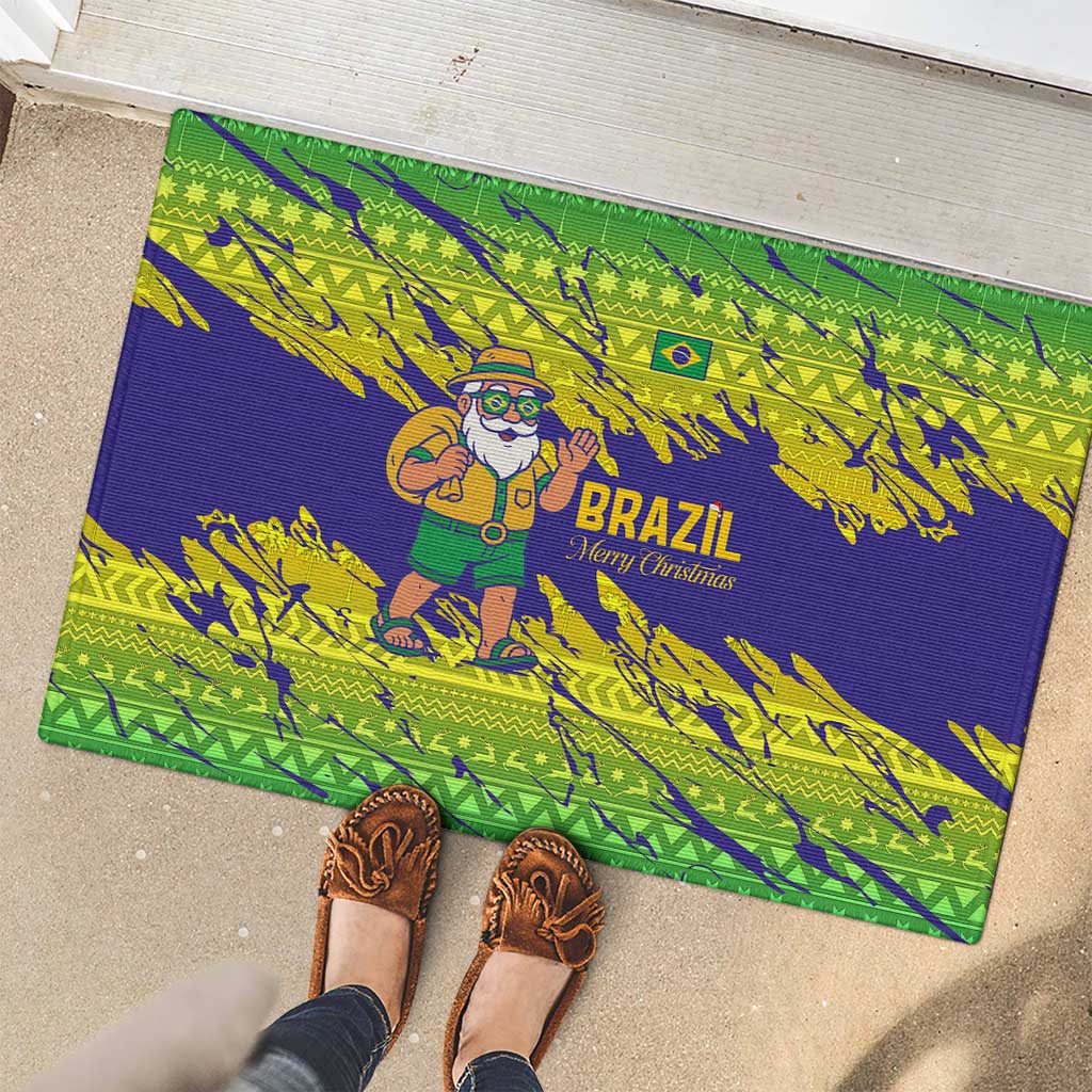 Brazil Christmas Rubber Doormat with Tropical Santa Tribal Pattern National Colors and Merry Christmas Text Design - Wonder Print Shop