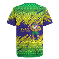 Brazil Christmas Rugby Jersey with Tropical Santa Tribal Pattern National Colors and Merry Christmas Text Design - Wonder Print Shop