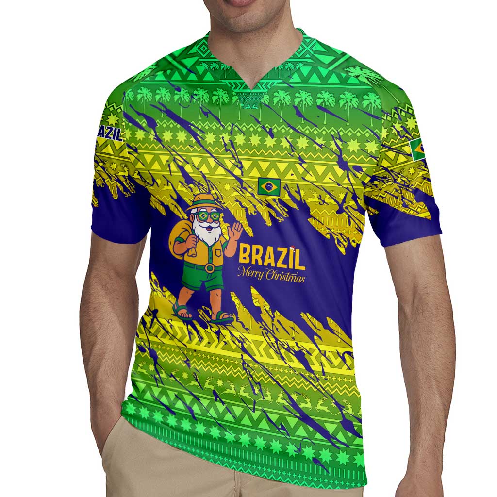 Brazil Christmas Rugby Jersey with Tropical Santa Tribal Pattern National Colors and Merry Christmas Text Design - Wonder Print Shop