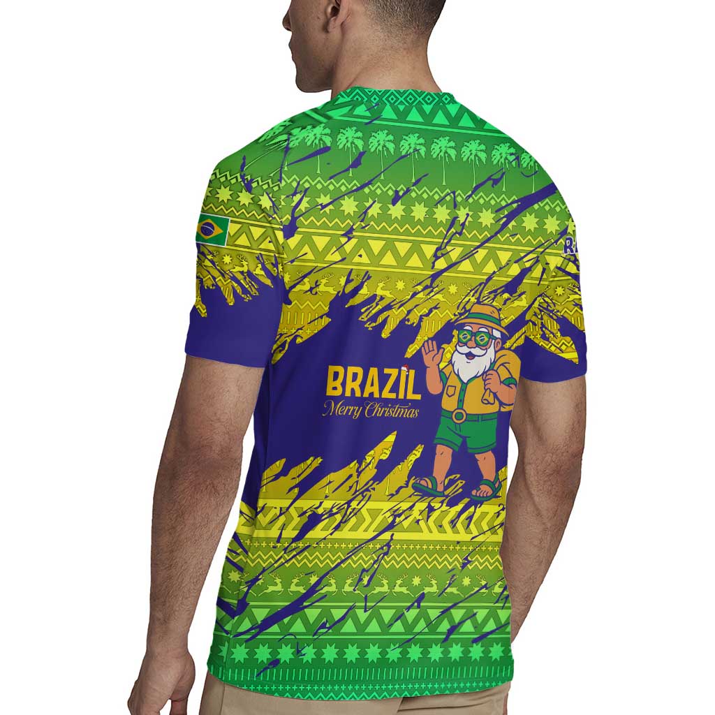 Brazil Christmas Rugby Jersey with Tropical Santa Tribal Pattern National Colors and Merry Christmas Text Design - Wonder Print Shop