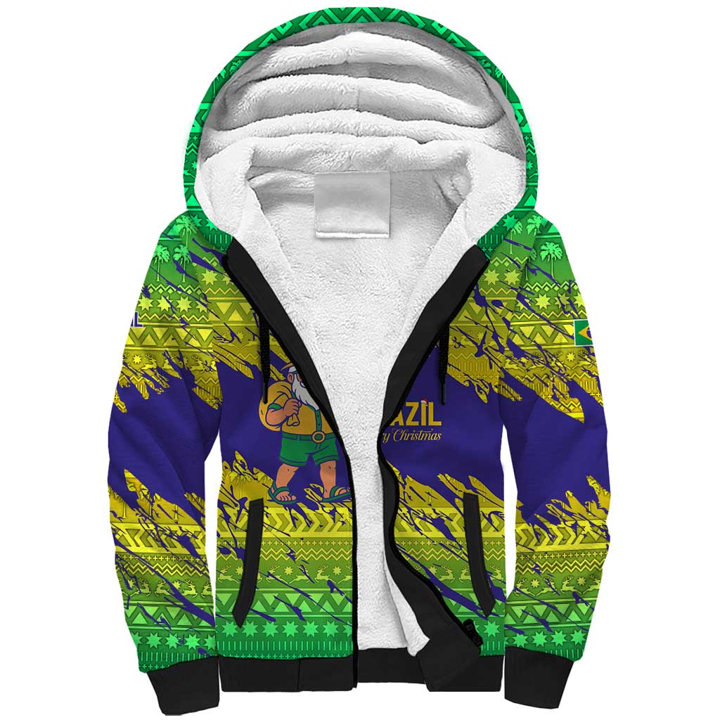 Brazil Christmas Sherpa Hoodie with Tropical Santa Tribal Pattern National Colors and Merry Christmas Text Design - Wonder Print Shop