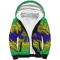 Brazil Christmas Sherpa Hoodie with Tropical Santa Tribal Pattern National Colors and Merry Christmas Text Design - Wonder Print Shop