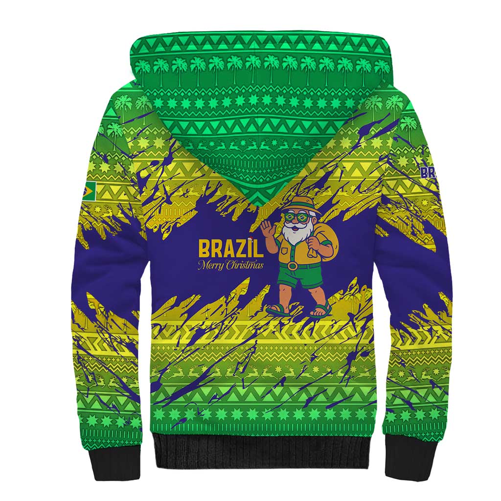 Brazil Christmas Sherpa Hoodie with Tropical Santa Tribal Pattern National Colors and Merry Christmas Text Design - Wonder Print Shop
