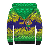 Brazil Christmas Sherpa Hoodie with Tropical Santa Tribal Pattern National Colors and Merry Christmas Text Design - Wonder Print Shop