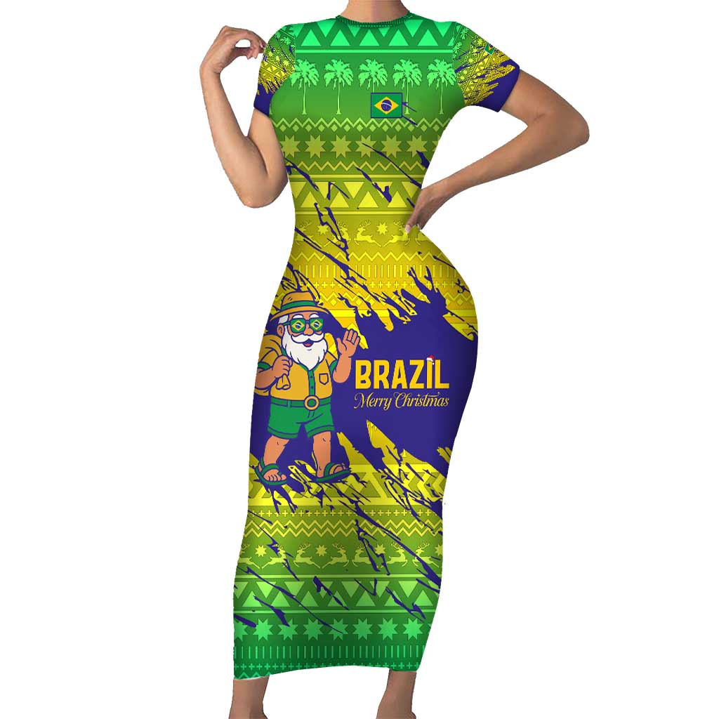 Brazil Christmas Short Sleeve Bodycon Dress with Tropical Santa Tribal Pattern National Colors and Merry Christmas Text Design - Wonder Print Shop