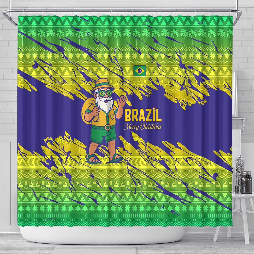 Brazil Christmas Shower Curtain with Tropical Santa Tribal Pattern National Colors and Merry Christmas Text Design - Wonder Print Shop