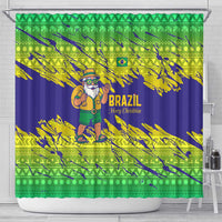 Brazil Christmas Shower Curtain with Tropical Santa Tribal Pattern National Colors and Merry Christmas Text Design - Wonder Print Shop