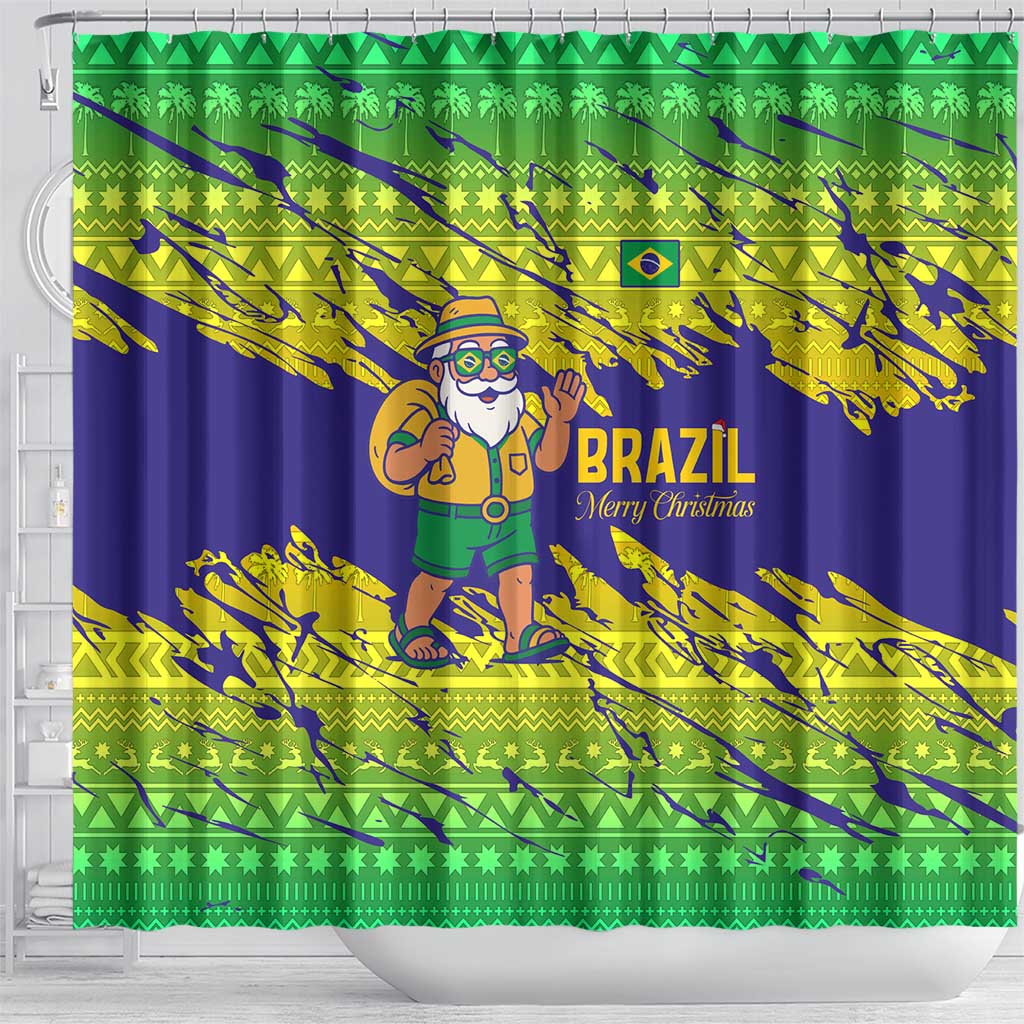 Brazil Christmas Shower Curtain with Tropical Santa Tribal Pattern National Colors and Merry Christmas Text Design - Wonder Print Shop