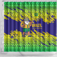 Brazil Christmas Shower Curtain with Tropical Santa Tribal Pattern National Colors and Merry Christmas Text Design - Wonder Print Shop