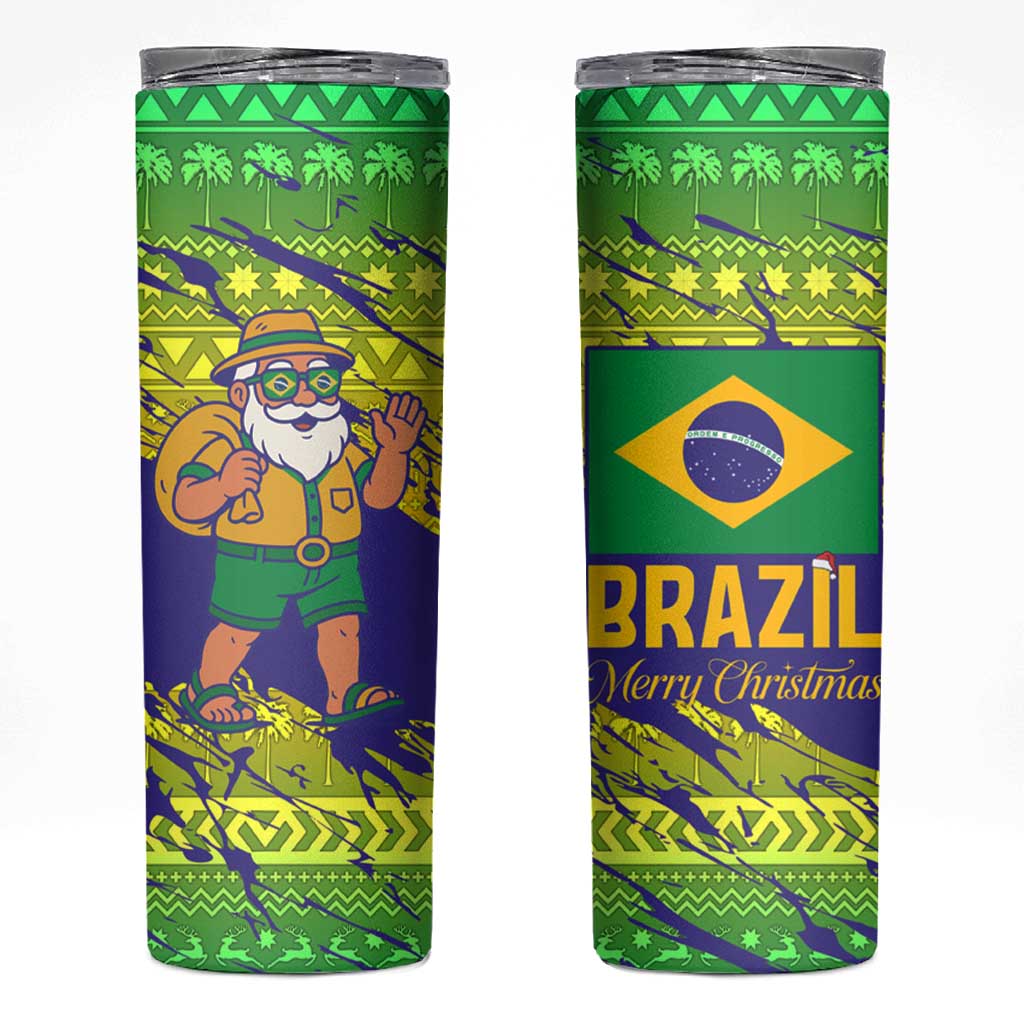Brazil Christmas Skinny Tumbler with Tropical Santa Tribal Pattern National Colors and Merry Christmas Text Design - Wonder Print Shop