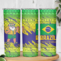 Brazil Christmas Skinny Tumbler with Tropical Santa Tribal Pattern National Colors and Merry Christmas Text Design - Wonder Print Shop