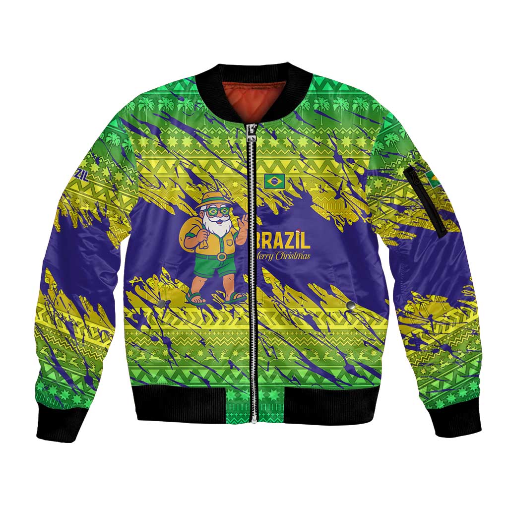 Brazil Christmas Sleeve Zip Bomber Jacket with Tropical Santa Tribal Pattern National Colors and Merry Christmas Text Design - Wonder Print Shop