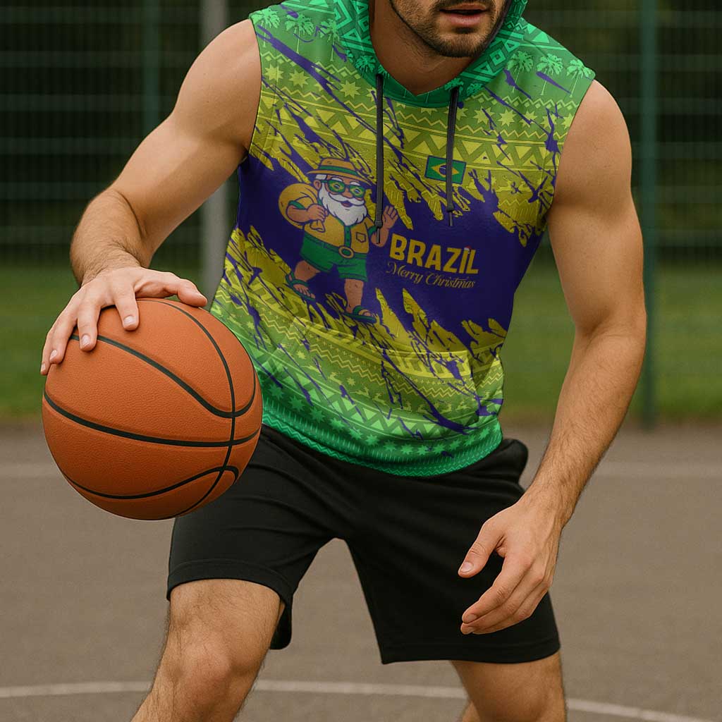 Brazil Christmas Sleeveless Hoodie with Tropical Santa Tribal Pattern National Colors and Merry Christmas Text Design - Wonder Print Shop