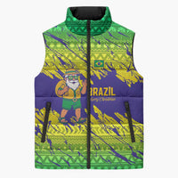 Brazil Christmas Sleeveless Puffer Jacket with Tropical Santa Tribal Pattern National Colors and Merry Christmas Text Design - Wonder Print Shop