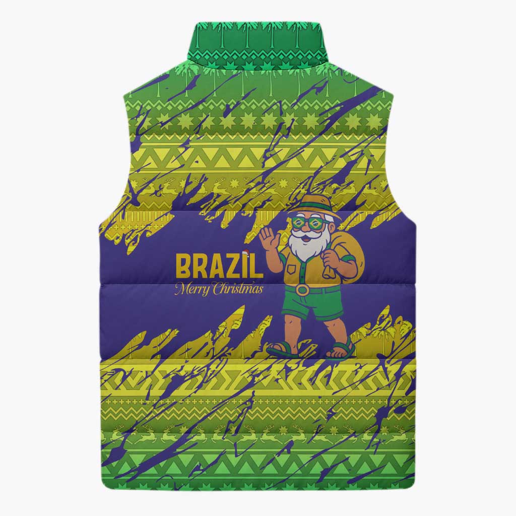Brazil Christmas Sleeveless Puffer Jacket with Tropical Santa Tribal Pattern National Colors and Merry Christmas Text Design - Wonder Print Shop