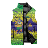 Brazil Christmas Sleeveless Puffer Jacket with Tropical Santa Tribal Pattern National Colors and Merry Christmas Text Design - Wonder Print Shop