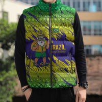 Brazil Christmas Sleeveless Puffer Jacket with Tropical Santa Tribal Pattern National Colors and Merry Christmas Text Design - Wonder Print Shop