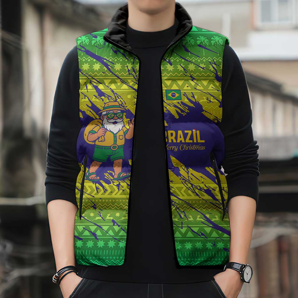 Brazil Christmas Sleeveless Puffer Jacket with Tropical Santa Tribal Pattern National Colors and Merry Christmas Text Design - Wonder Print Shop