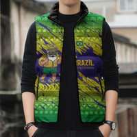 Brazil Christmas Sleeveless Puffer Jacket with Tropical Santa Tribal Pattern National Colors and Merry Christmas Text Design - Wonder Print Shop