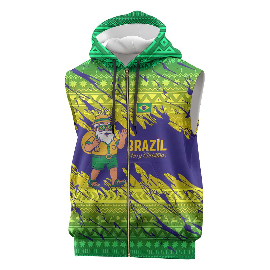 Brazil Christmas Sleeveless Zip Hoodie with Tropical Santa Tribal Pattern National Colors and Merry Christmas Text Design - Wonder Print Shop