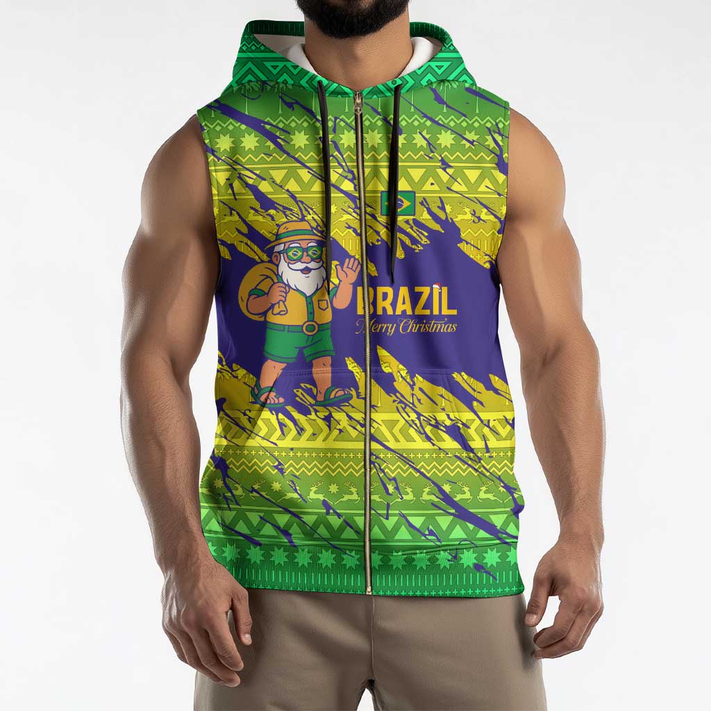 Brazil Christmas Sleeveless Zip Hoodie with Tropical Santa Tribal Pattern National Colors and Merry Christmas Text Design - Wonder Print Shop