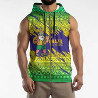Brazil Christmas Sleeveless Zip Hoodie with Tropical Santa Tribal Pattern National Colors and Merry Christmas Text Design - Wonder Print Shop