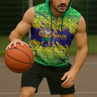 Brazil Christmas Sleeveless Zip Hoodie with Tropical Santa Tribal Pattern National Colors and Merry Christmas Text Design - Wonder Print Shop