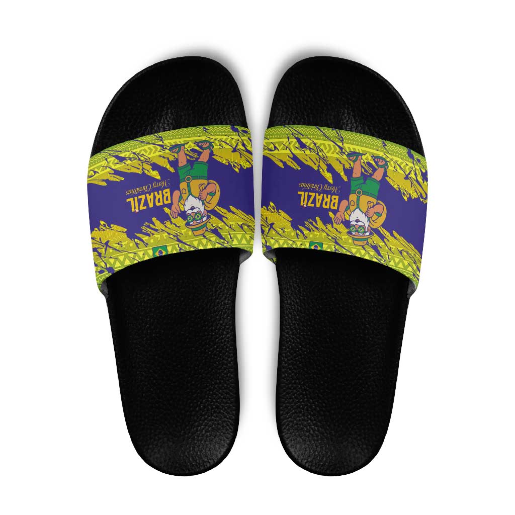 Brazil Christmas Slide Sandals with Tropical Santa Tribal Pattern National Colors and Merry Christmas Text Design - Wonder Print Shop