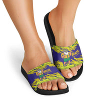 Brazil Christmas Slide Sandals with Tropical Santa Tribal Pattern National Colors and Merry Christmas Text Design - Wonder Print Shop