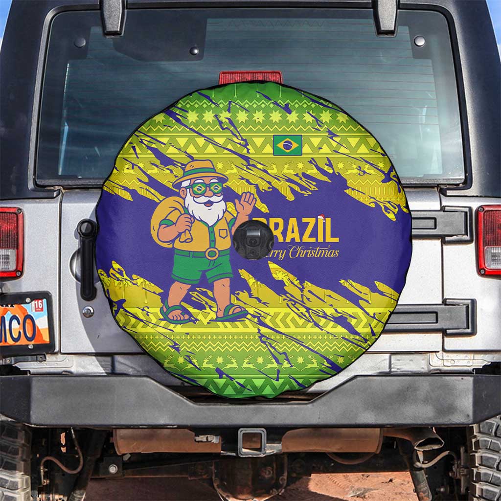 Brazil Christmas Spare Tire Cover with Tropical Santa Tribal Pattern National Colors and Merry Christmas Text Design - Wonder Print Shop