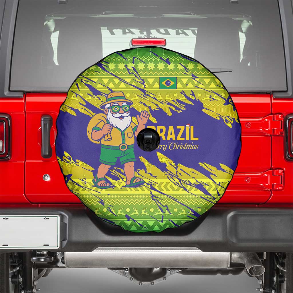 Brazil Christmas Spare Tire Cover with Tropical Santa Tribal Pattern National Colors and Merry Christmas Text Design - Wonder Print Shop