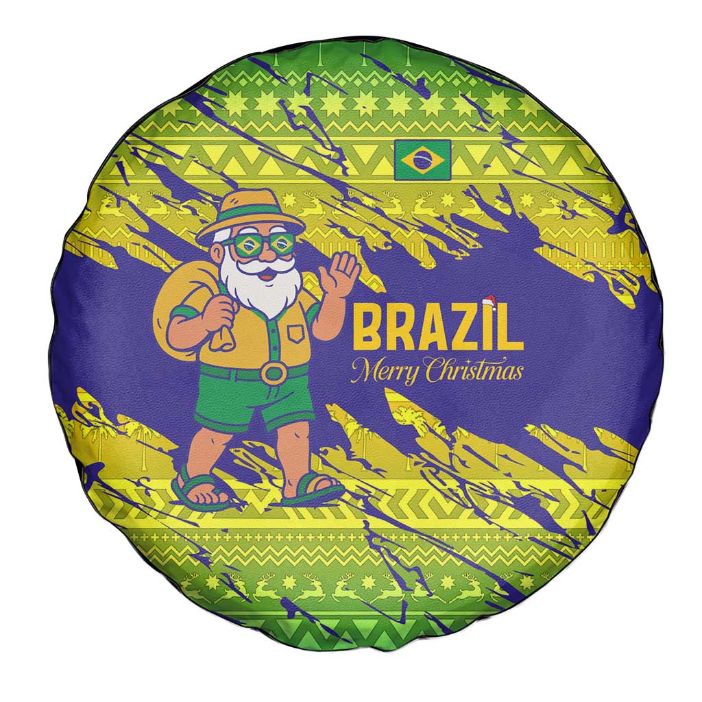 Brazil Christmas Spare Tire Cover with Tropical Santa Tribal Pattern National Colors and Merry Christmas Text Design - Wonder Print Shop