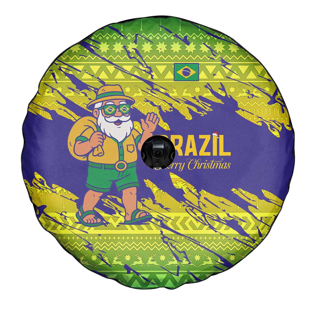Brazil Christmas Spare Tire Cover with Tropical Santa Tribal Pattern National Colors and Merry Christmas Text Design - Wonder Print Shop