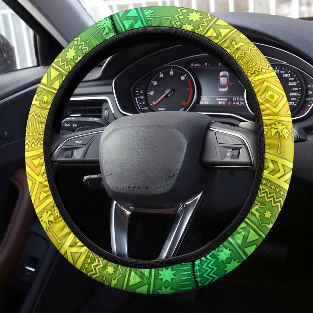 Brazil Christmas Steering Wheel Cover with Tropical Santa Tribal Pattern National Colors and Merry Christmas Text Design - Wonder Print Shop