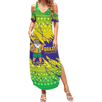 Brazil Christmas Summer Maxi Dress with Tropical Santa Tribal Pattern National Colors and Merry Christmas Text Design - Wonder Print Shop
