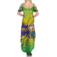 Brazil Christmas Summer Maxi Dress with Tropical Santa Tribal Pattern National Colors and Merry Christmas Text Design - Wonder Print Shop