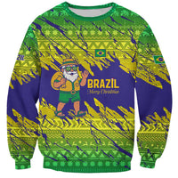 Brazil Christmas Sweatshirt with Tropical Santa Tribal Pattern National Colors and Merry Christmas Text Design - Wonder Print Shop