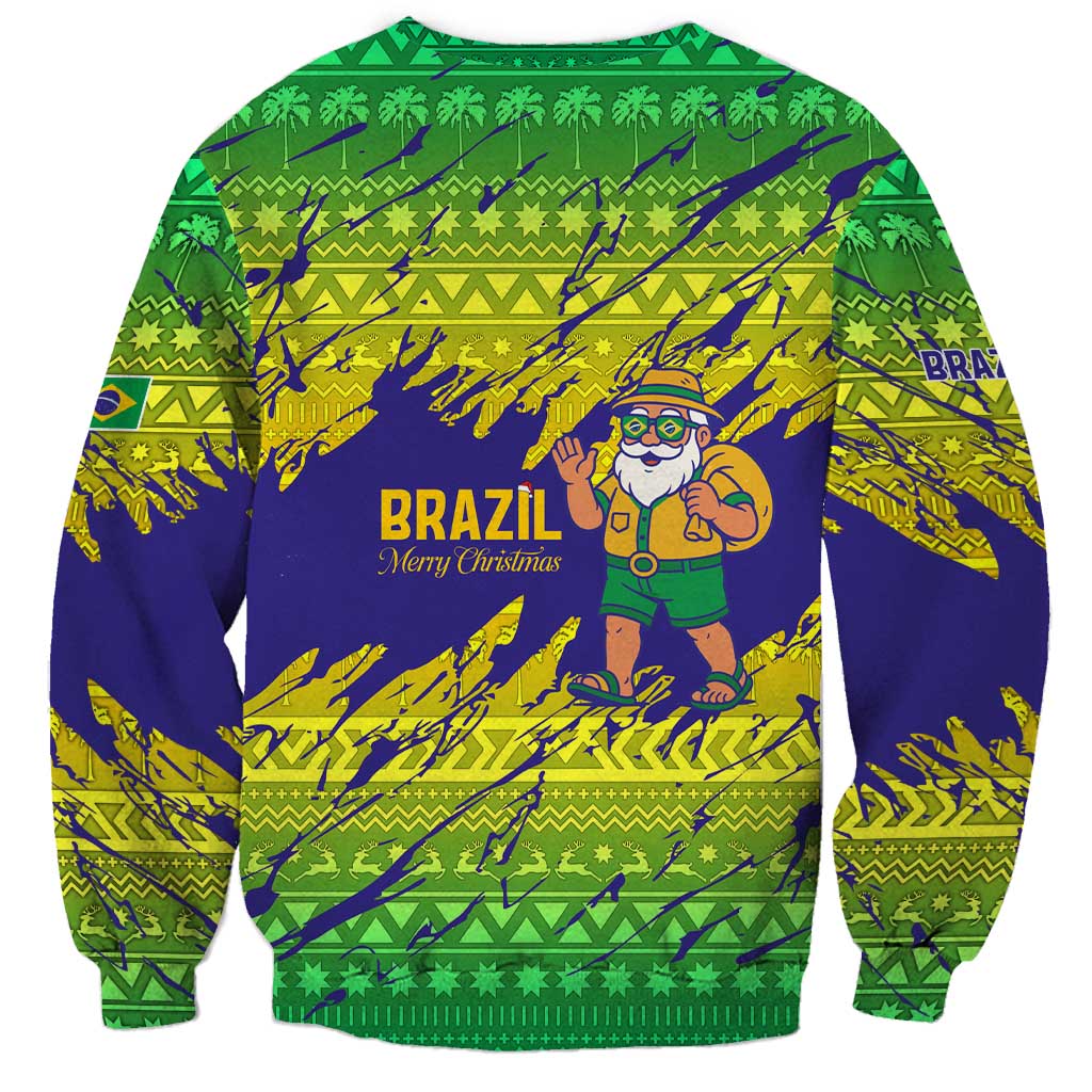 Brazil Christmas Sweatshirt with Tropical Santa Tribal Pattern National Colors and Merry Christmas Text Design - Wonder Print Shop