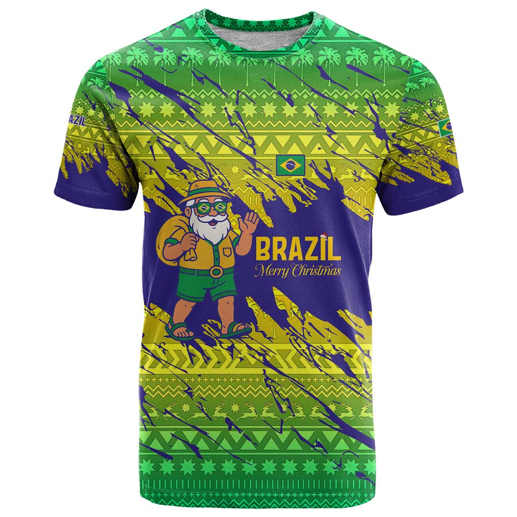Brazil Christmas T Shirt with Tropical Santa Tribal Pattern National Colors and Merry Christmas Text Design - Wonder Print Shop