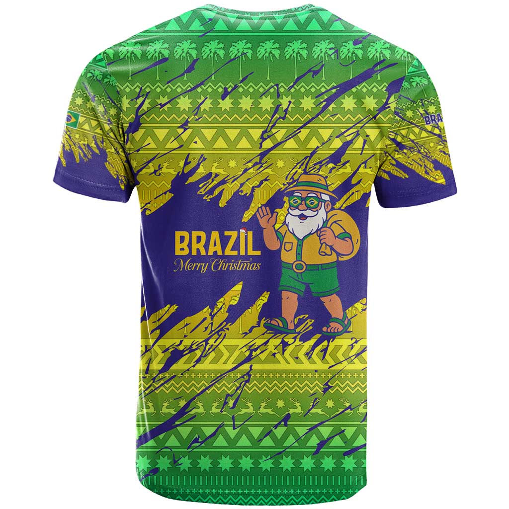 Brazil Christmas T Shirt with Tropical Santa Tribal Pattern National Colors and Merry Christmas Text Design - Wonder Print Shop