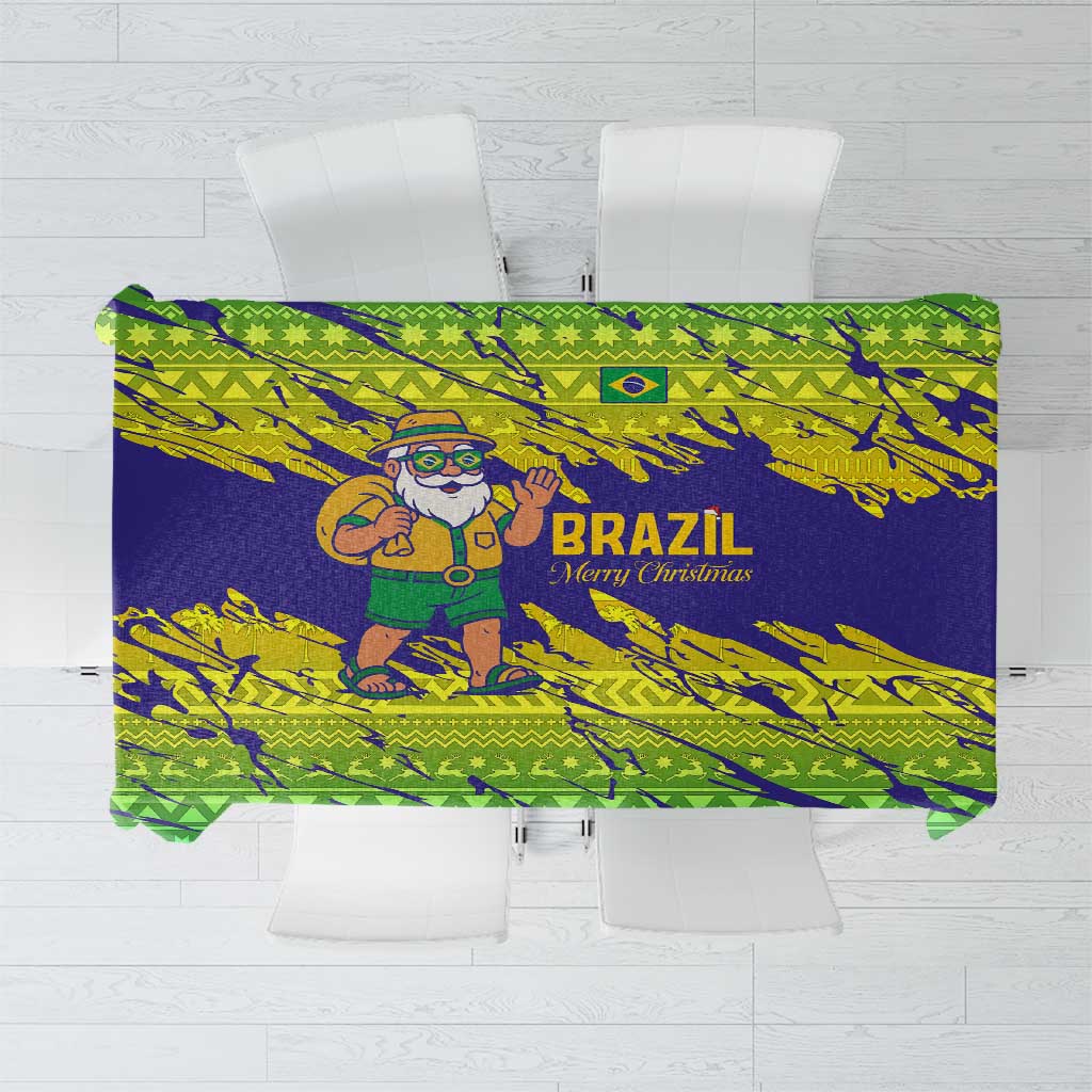 Brazil Christmas Tablecloth with Tropical Santa Tribal Pattern National Colors and Merry Christmas Text Design - Wonder Print Shop