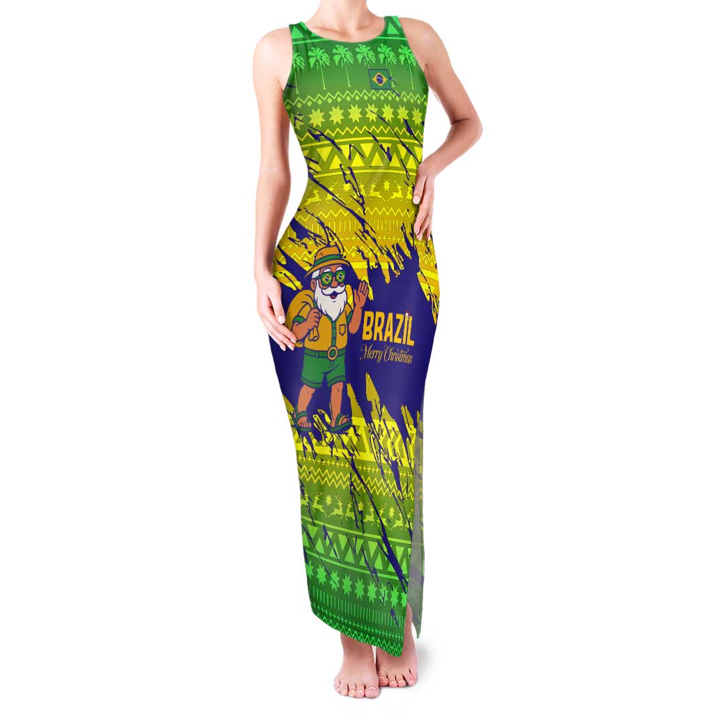 Brazil Christmas Tank Maxi Dress with Tropical Santa Tribal Pattern National Colors and Merry Christmas Text Design - Wonder Print Shop