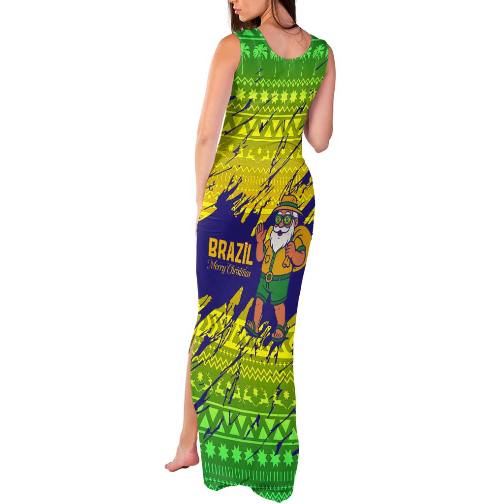 Brazil Christmas Tank Maxi Dress with Tropical Santa Tribal Pattern National Colors and Merry Christmas Text Design - Wonder Print Shop