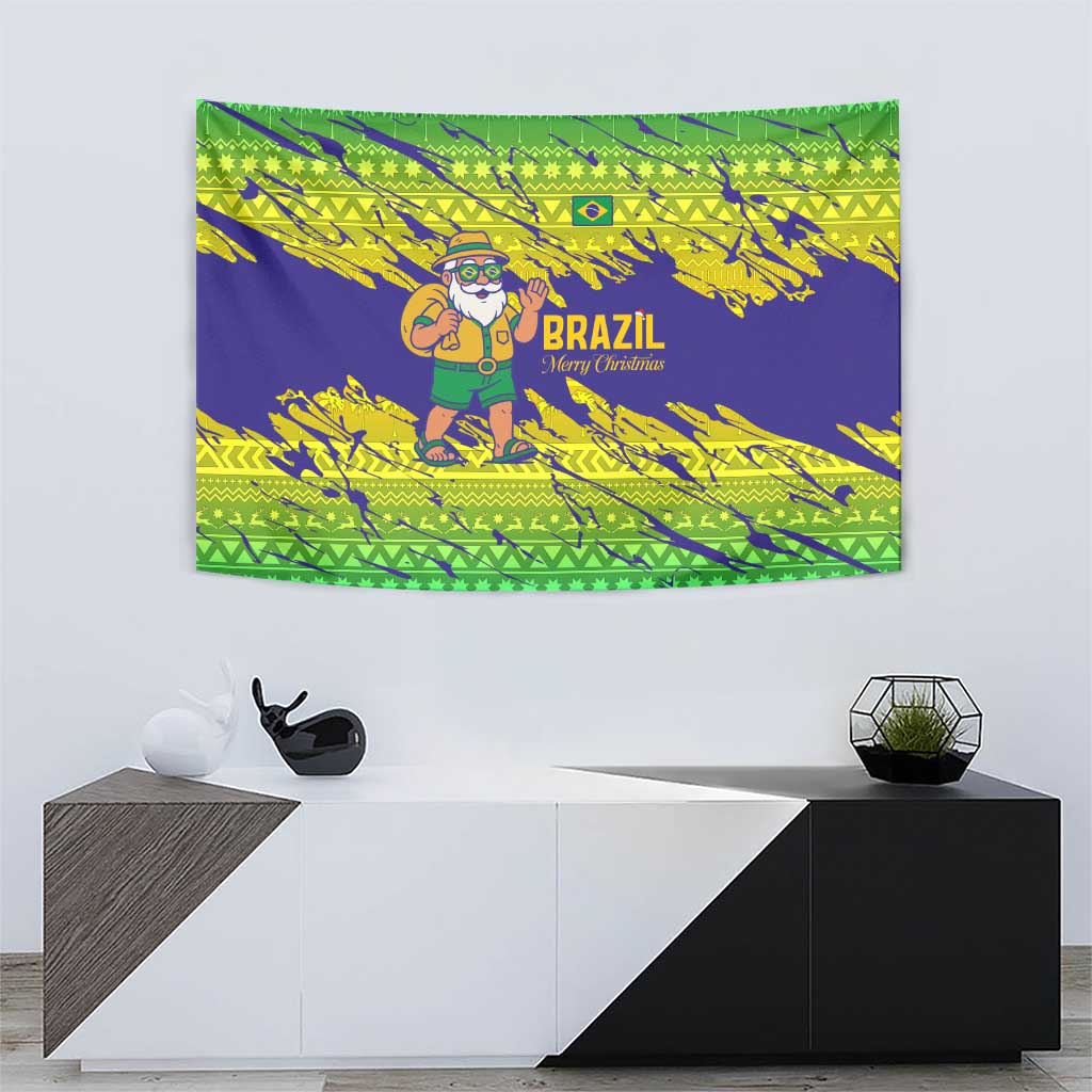 Brazil Christmas Tapestry with Tropical Santa Tribal Pattern National Colors and Merry Christmas Text Design - Wonder Print Shop