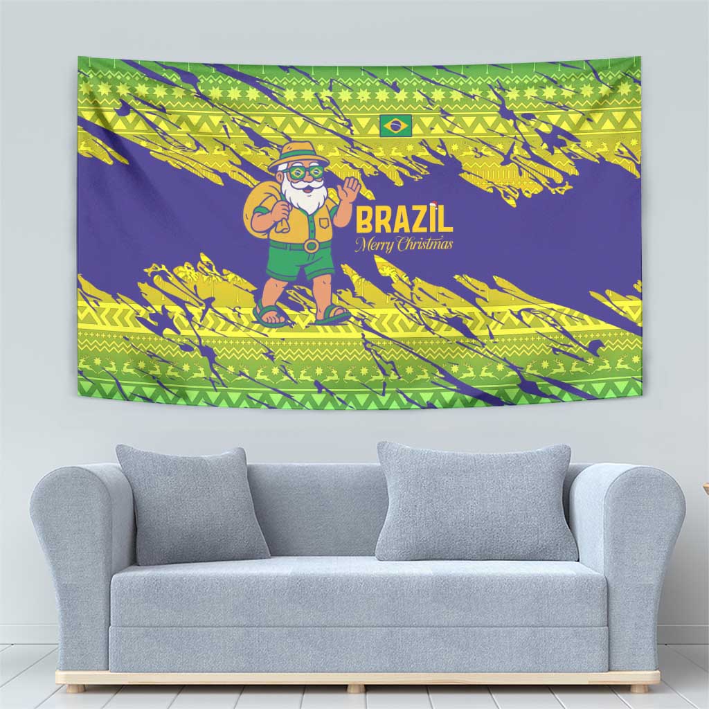 Brazil Christmas Tapestry with Tropical Santa Tribal Pattern National Colors and Merry Christmas Text Design - Wonder Print Shop